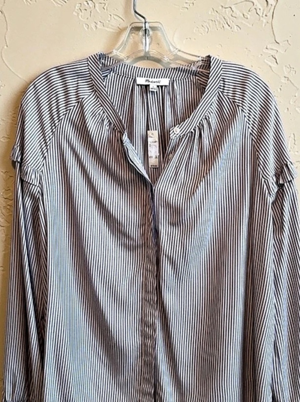 madewell Collarless Ruffle-Sleeve Shirt in Stripe Blue & White Medium
